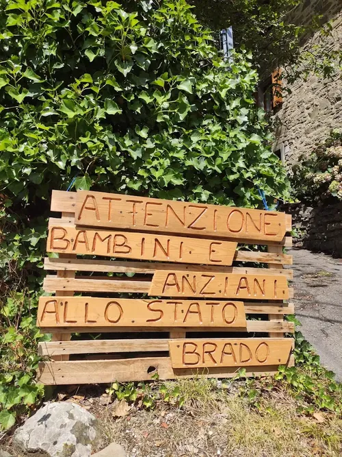 Cartello di legno all'ingresso del paese, lettere intagliate a mano: «Attenzione bambini e anziani allo stato brado».