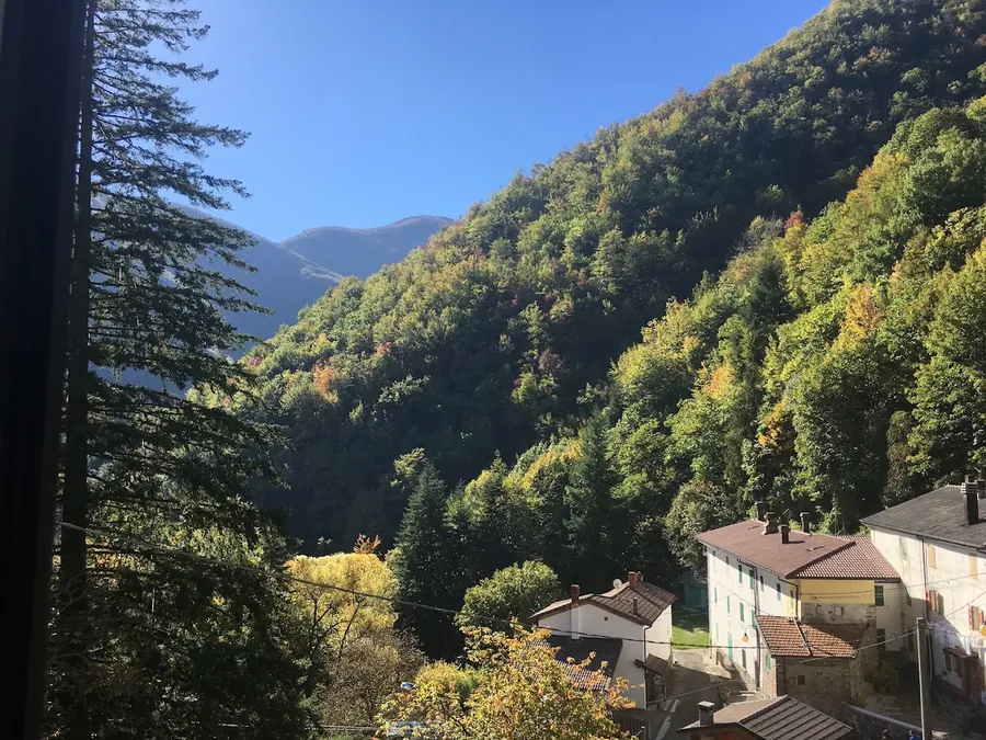 La vista da una finestra della Locanda in autunno: i tetti del borgo, gli abeti e il bosco che cambia colore sul fianco della montagna.